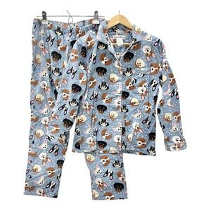 PAJAMA MANIA Dog Print Pajama Set Cotton Flannel Baby Blue Boho Cute Cozy